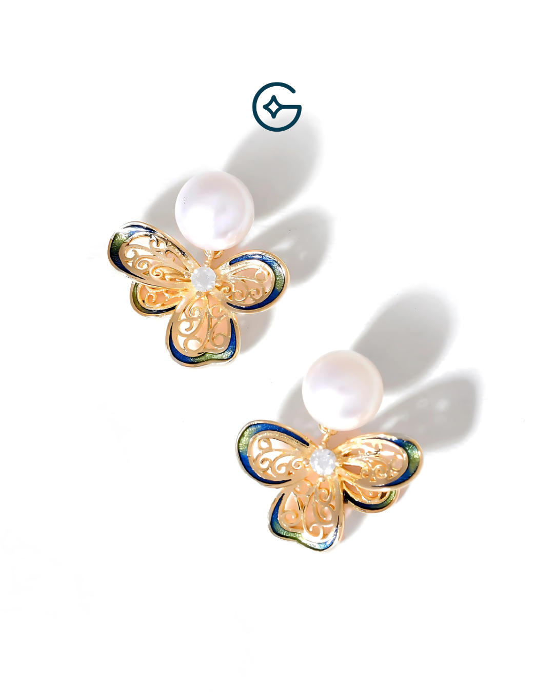Round Pearl Gold Plated Silver Butterfly Earrings with Enamel