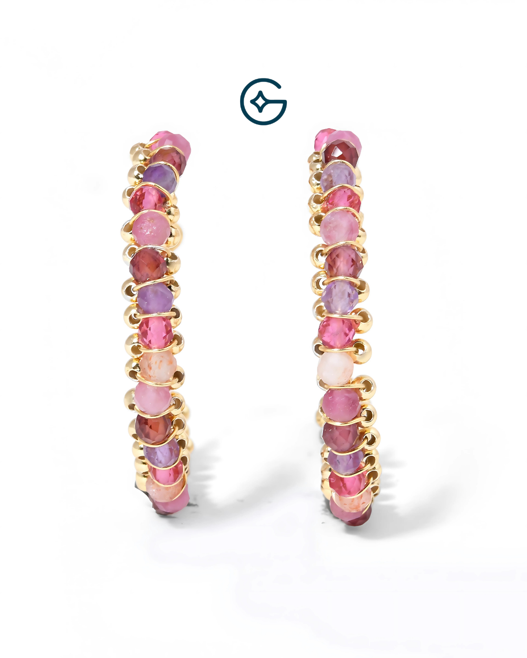 Round Multi Quartz Beads Hoop Earrings in Silver