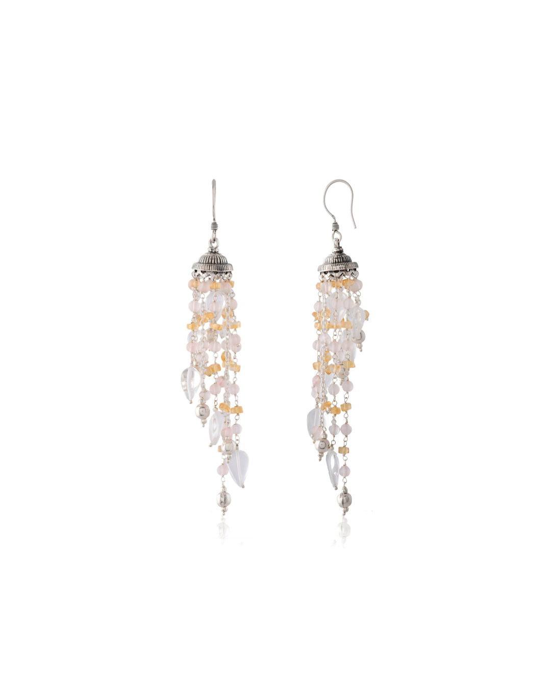 Natural Gemstone Bead Fall In Oxidised Silver Earring