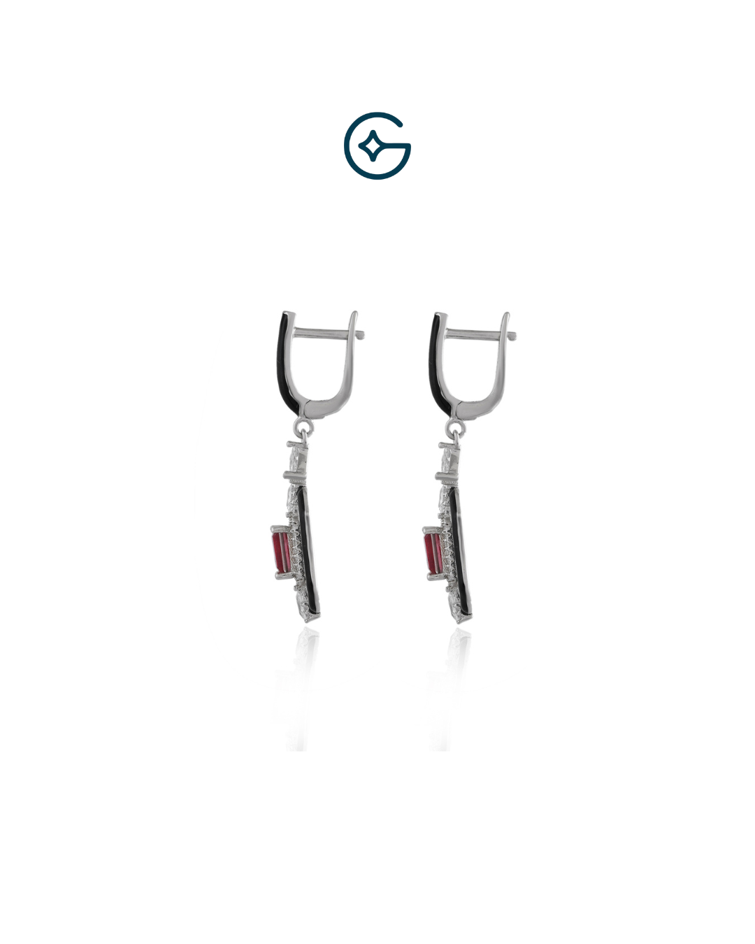 Black Enamel Art Deco Silver Earrings With Red CZ