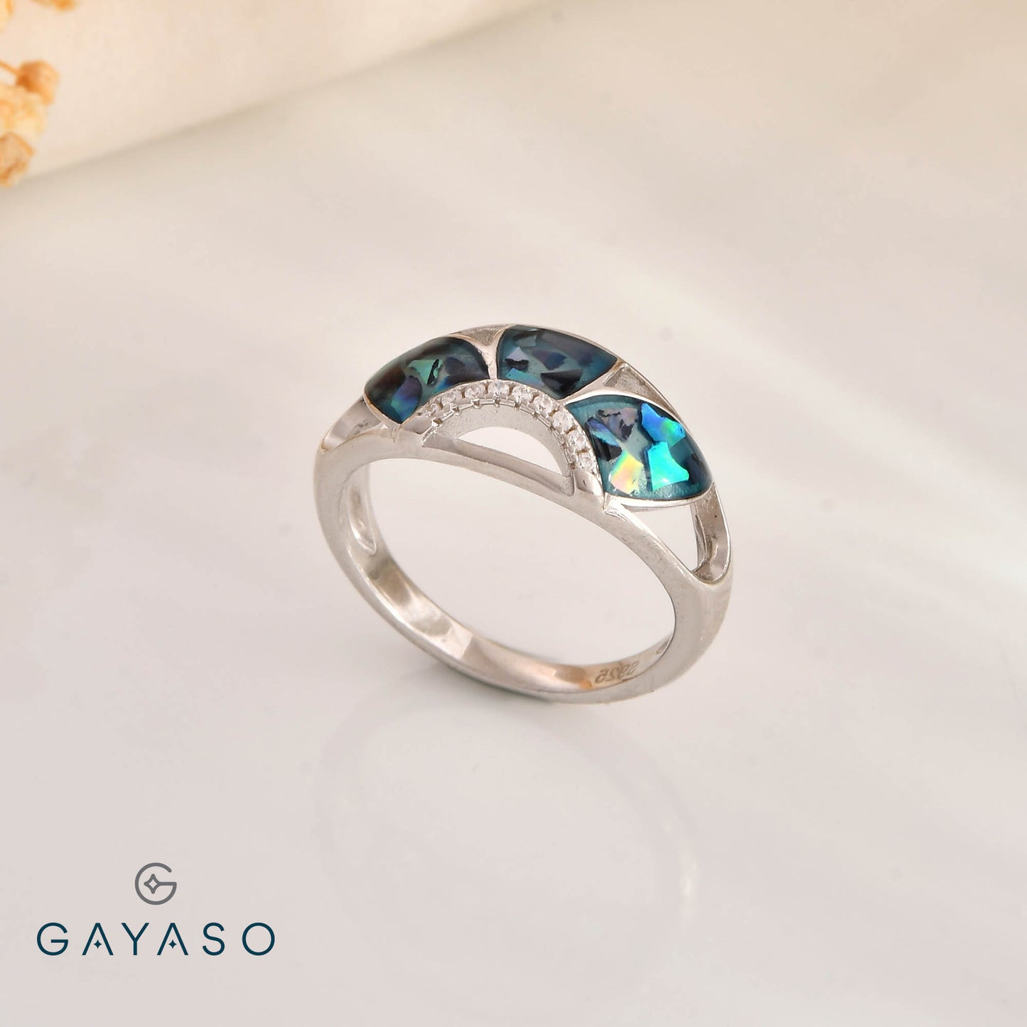 Black Mother Of Pearl Flower Ring In Silver