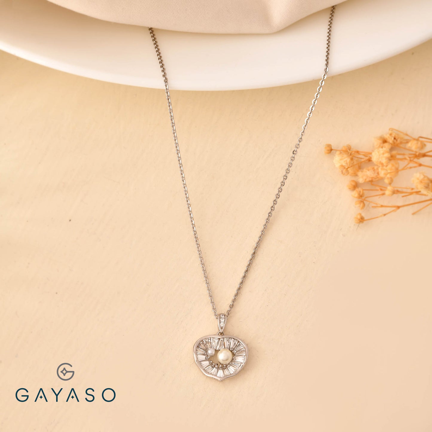 Pearly Heart With Baguette CZ Pendant Set