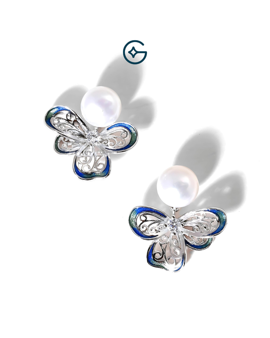 Round Pearl Silver Butterfly Earrings with Enamel Work