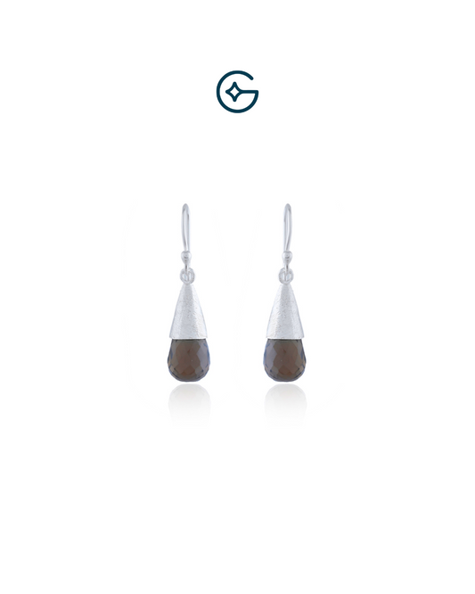 Checkered Cut Smoky Quartz Pear Dangle Earrings