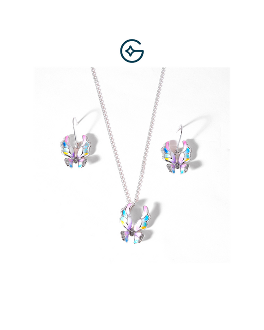 Butterfly Enamel Pendant Set In Silver