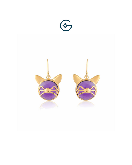 Round Amethyst Cat Earrings In Silver