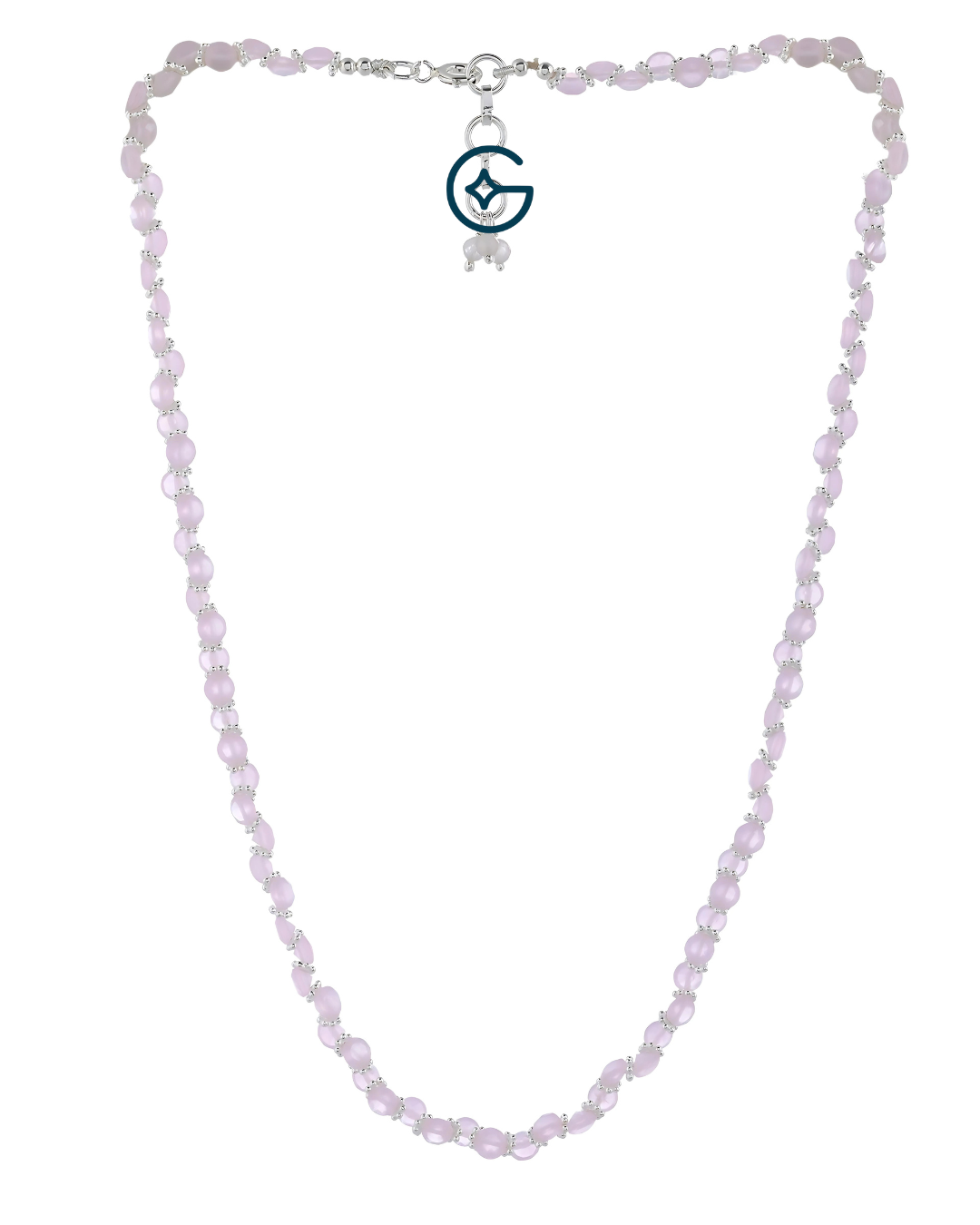 Natural Rose Quartz Oval Beads Necklace In Silver
