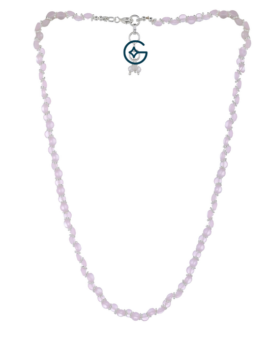 Natural Rose Quartz Oval Beads Necklace In Silver