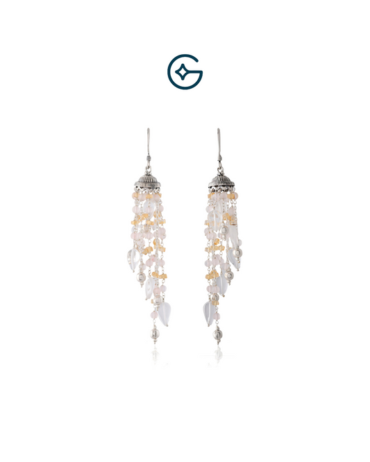 Natural Gemstone Bead Fall In Oxidised Silver Earring