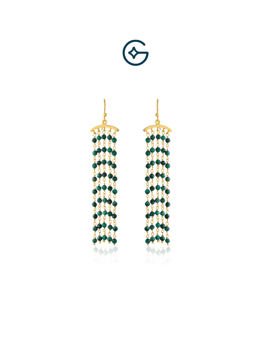 Natural Malachite Round Beads Waterfall Earrings In Silver
