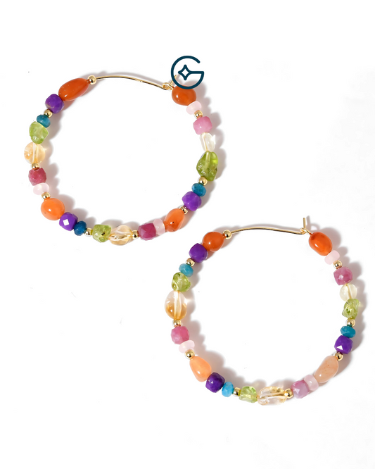 Multi Gemstone Beads Hoops In Silver