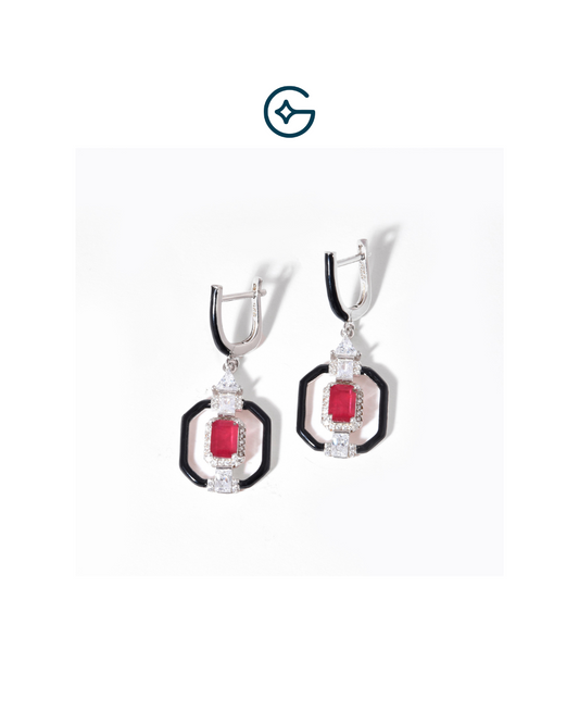 Black Enamel Art Deco Silver Earrings With Red CZ