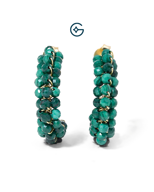 Round Malechite Bead Hoops Silver Earrings
