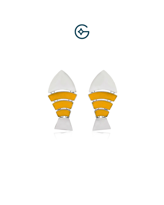 Yellow Enamel Fishy Earrings In Silver