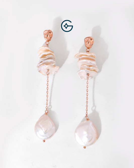 Natural Pearl Drop Danglers In Rose Gold Plating Silver