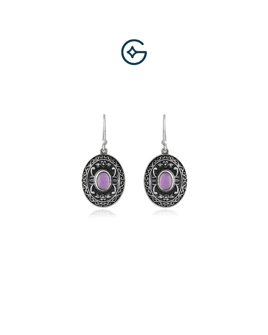 Traditional Oval Amethyst Oxidised Silver Earrings