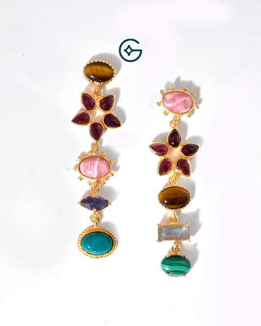 Real Semi Precious Gemstone Statement Earrings In Silver