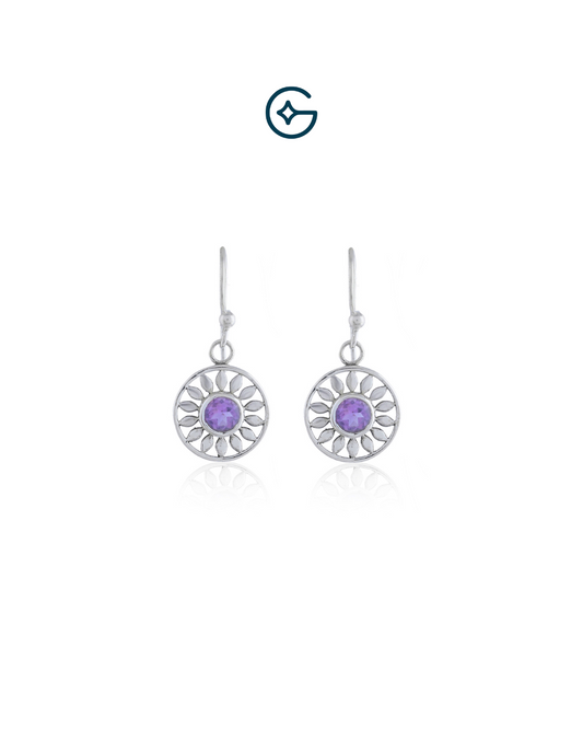 Sunflower Earrings With Natural Round Amethyst
