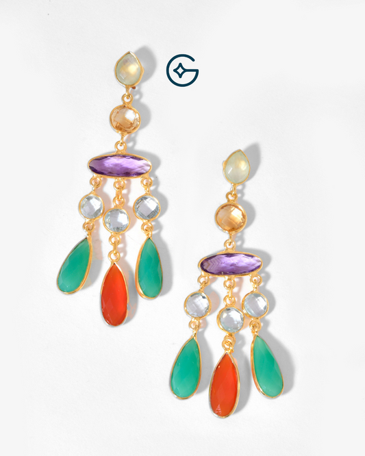 Multi Natural Gemstone Long Dangler Earrings In Silver