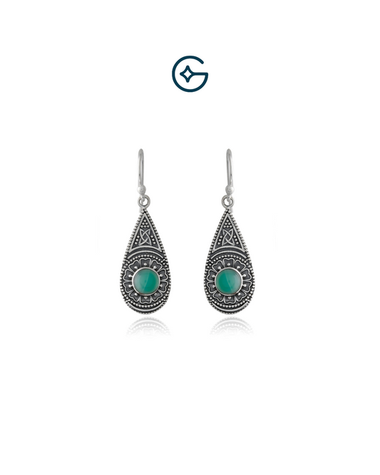 Designer Filigree With Green Onyx Round Silver Earring