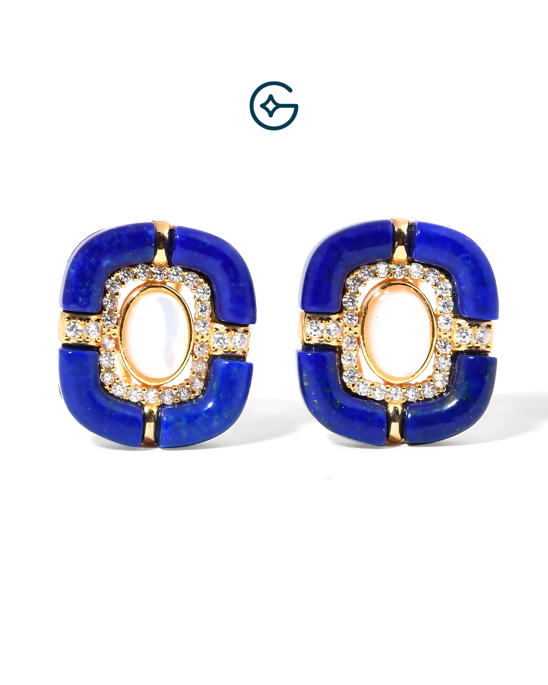 Fancy Shape Natural Lapis And Moonstone Stud Earrings In Silver