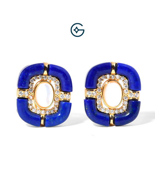 Fancy Shape Natural Lapis And Moonstone Stud Earrings In Silver