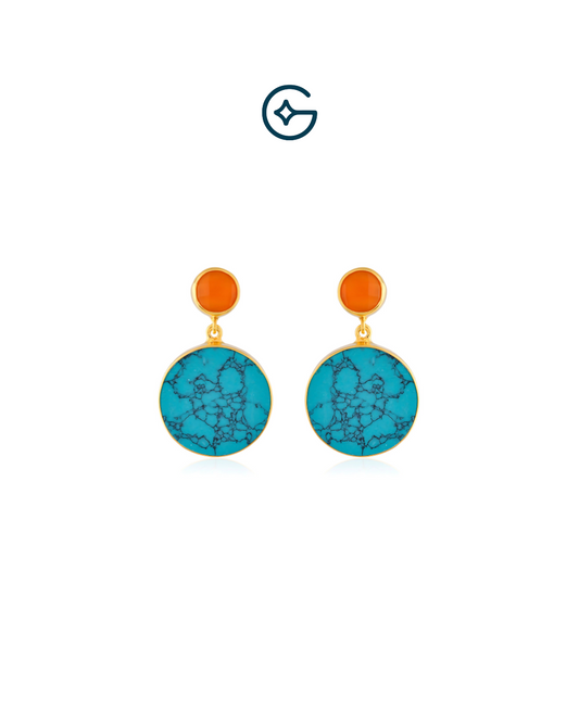 Far Size Natural Blue Turquoise With Carnelian Earring In Silver