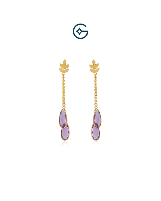 Natural Amethyst Pear Drop Leaf Earrings In Silver
