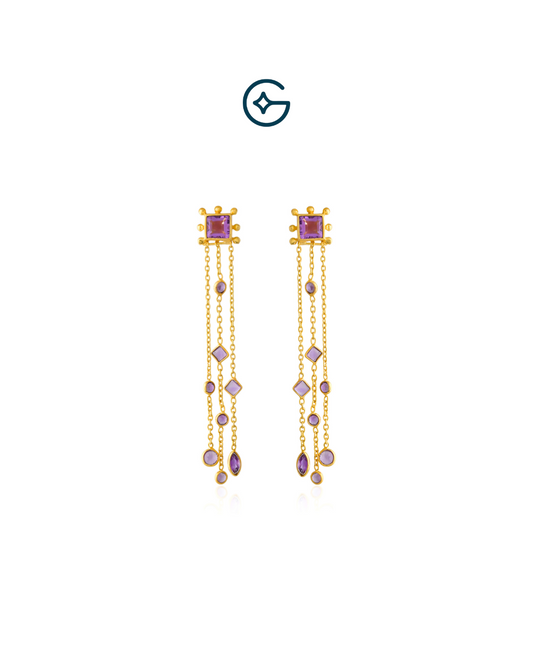Natural Amethyst Square Queen Danglers In Silver