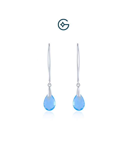 Checkered Cut Blue Topaz Pear Hanging Earring In Silver