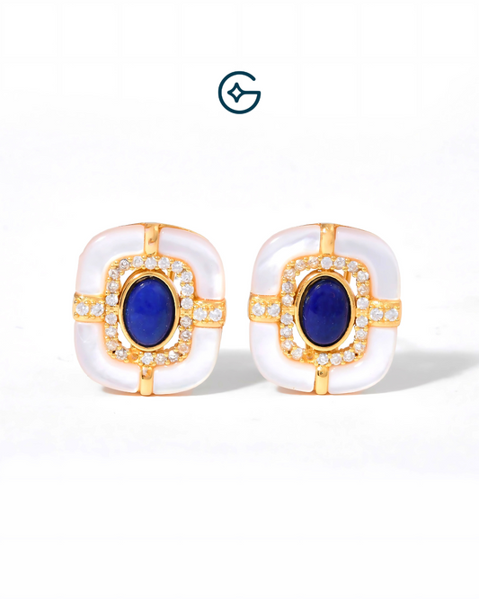 Fancy Cut Moonstone And Lapis Earrings In Silver