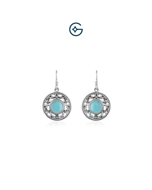 Open Filigree Round Gemstone Oxidised Silver Earrings
