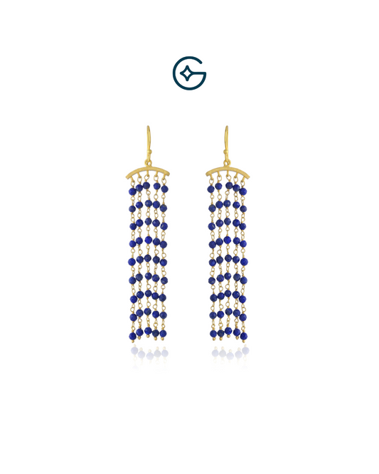 Natural Round Lapis Lazuli Bead Waterfall Danglers In Silver