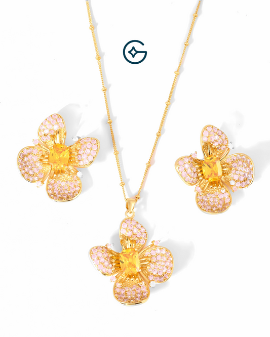 Rectangle Cushion Flower Inspired Pendant Set In Silver