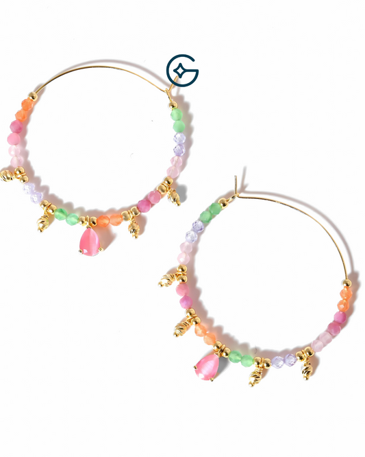 Pear Round Multi Gemstone Beads Hoop Earrings In Silver