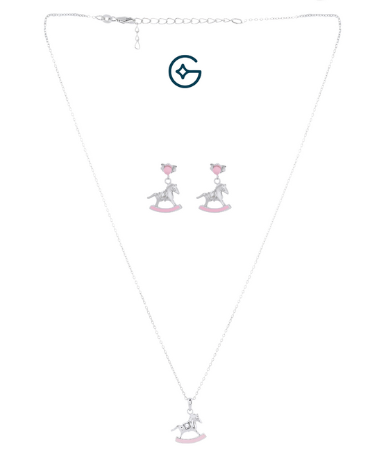 Little Riding Horse Enamel Pendant Set In Silver