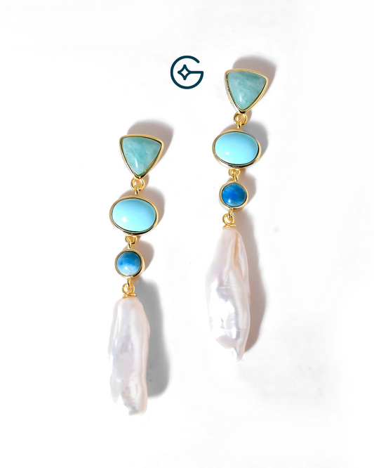 Natural Turquoise With Fresh Water Pearl Long Earrings In Silver