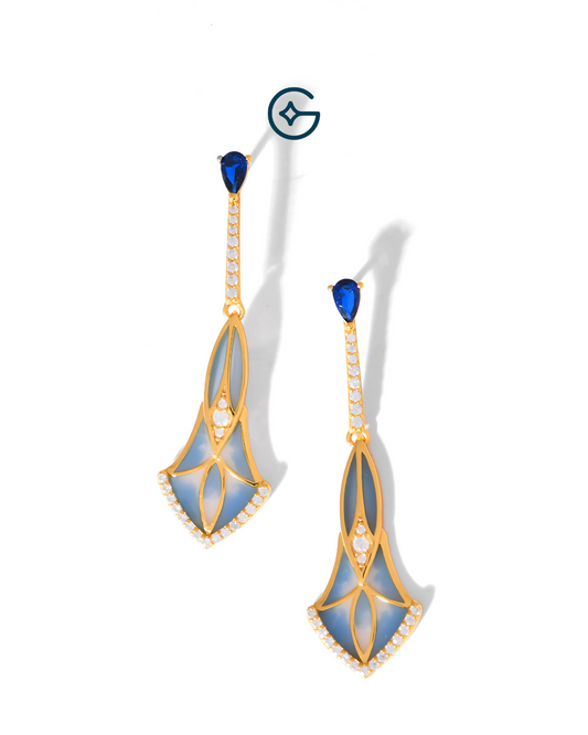 Pear drop Blue sapphire Glass Silver Danglers with CZ