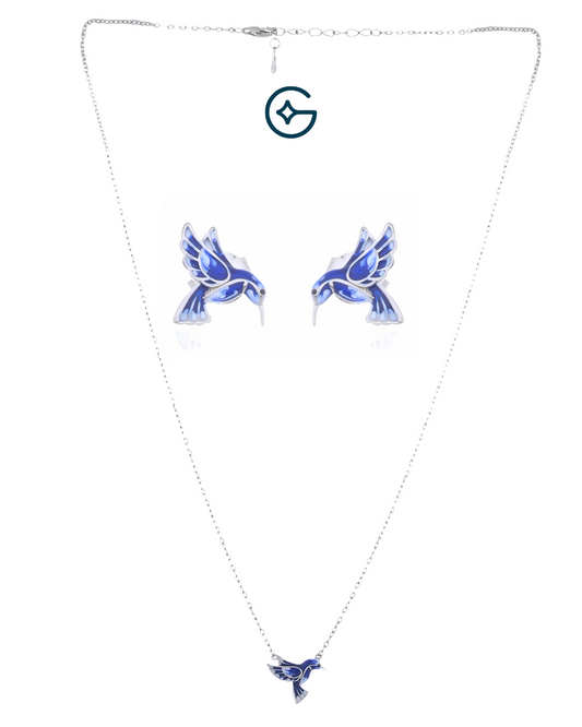 Nature Inspired Birdy Pendant Set With Enamel In Silver