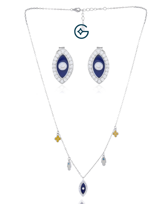 Evil Eye Blue Enamel Pendant Set With CZ In Silver