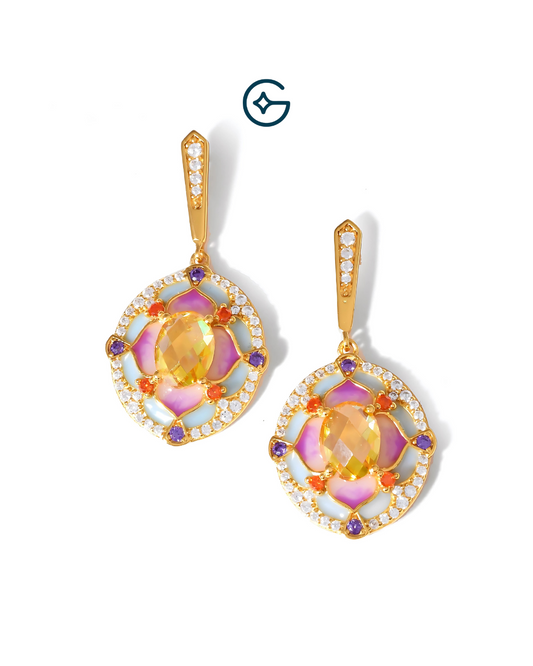 Multi Enamel Statement Earrings In Silver With Multi CZ
