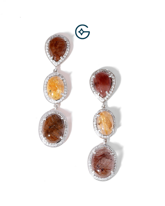 Pear Rutile Quartz Statement Long Earrings In Silver