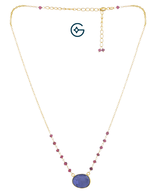 Natural Kyanite Far size Stone With Rhodolite Beads Necklace In Silver