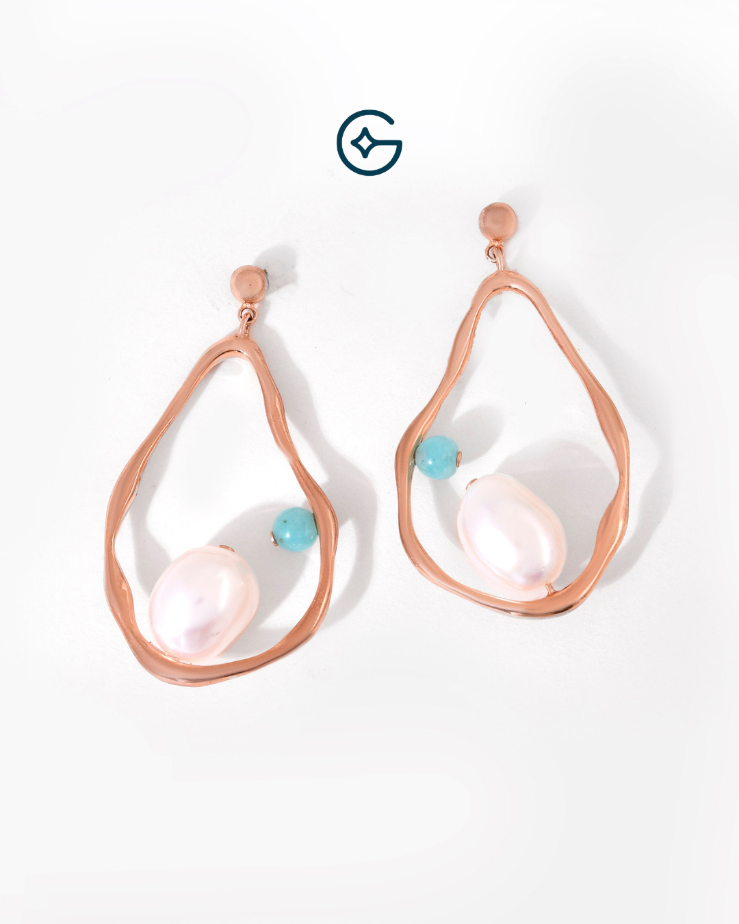Round Turquoise And Natural Pearl Rose Gold Plated Long Earrings In Silver