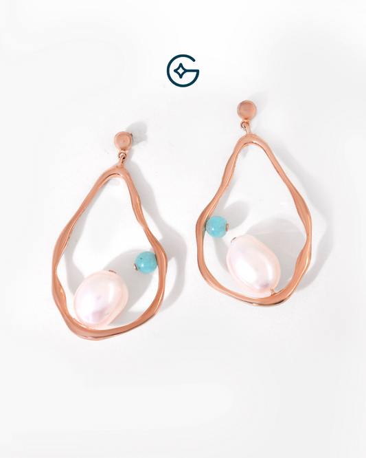 Round Turquoise And Natural Pearl Rose Gold Plated Long Earrings In Silver