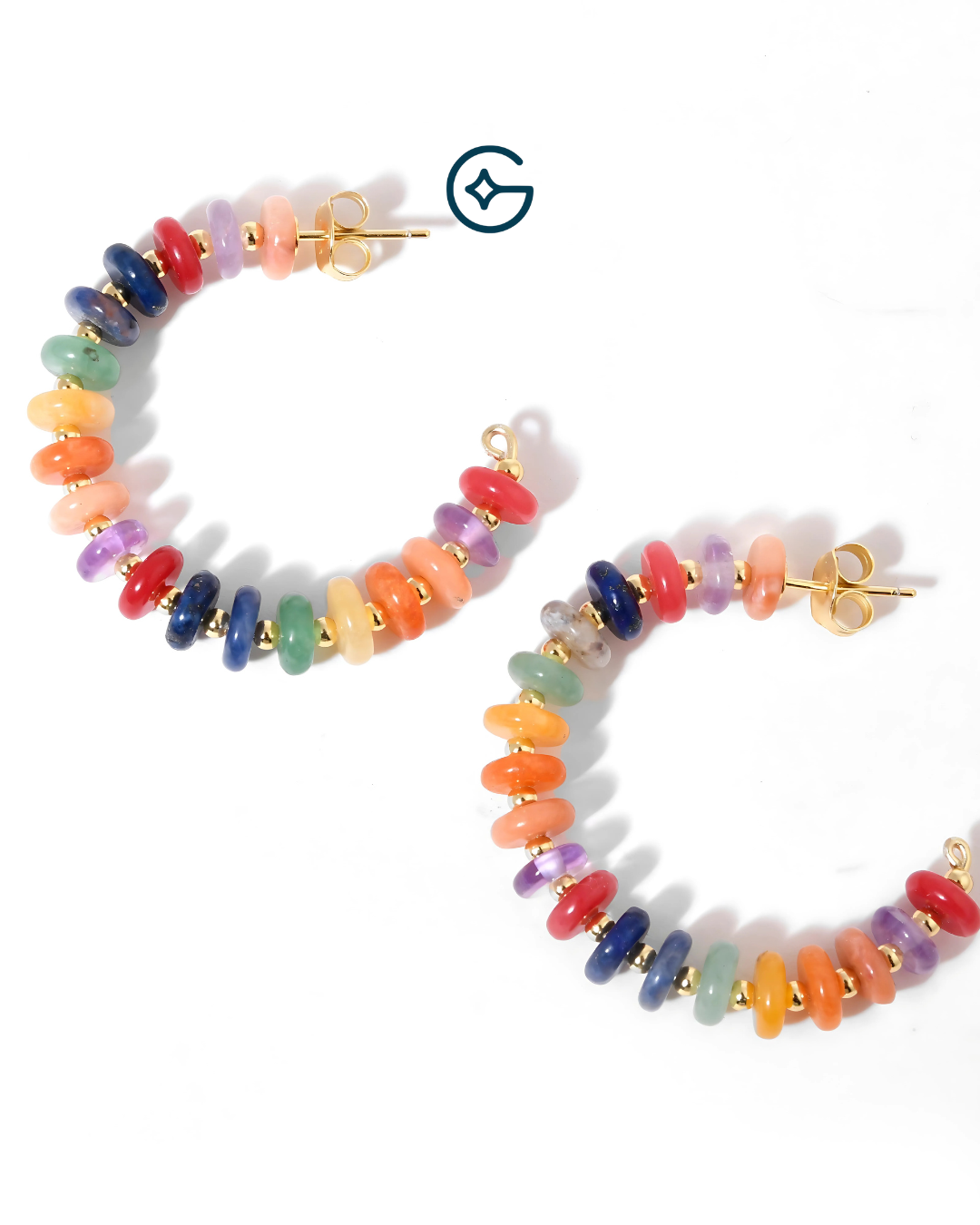 Round Multi Gemstones Beads Hoop Earrings In Silver