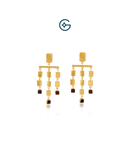 Square Garnet Geometric Dangle Earrings In Silver