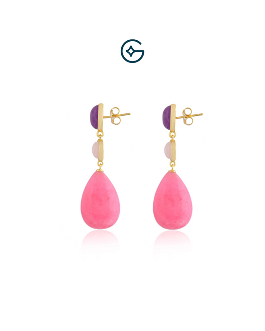 Round Amethyst Drop Earrings with Rose Quartz In Silver