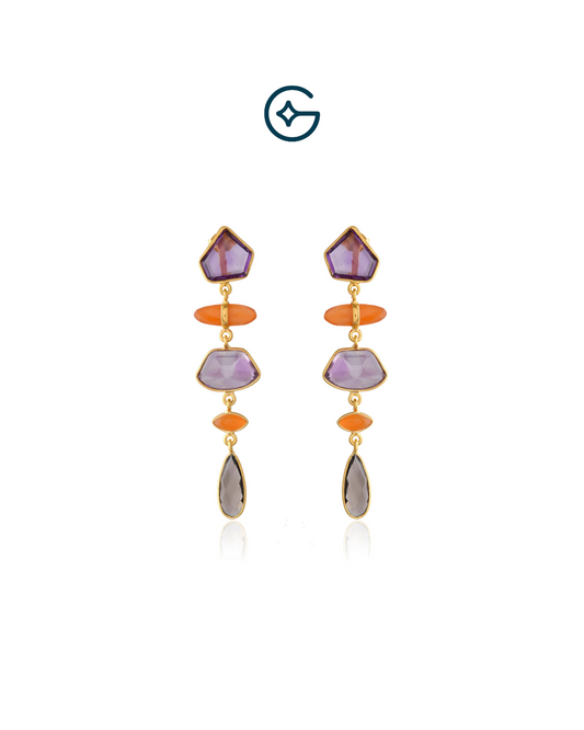 Fancy Carnelian And Amethyst Long Earrings In Silver