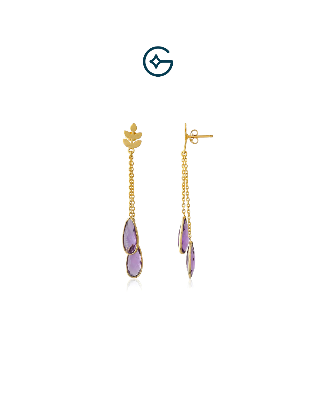 Natural Amethyst Pear Drop Leaf Earrings In Silver